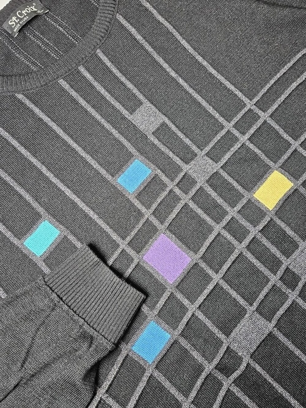 St. Croix Crewneck Sweater Black Gray Geometric Knit Pattern Men's Size XL